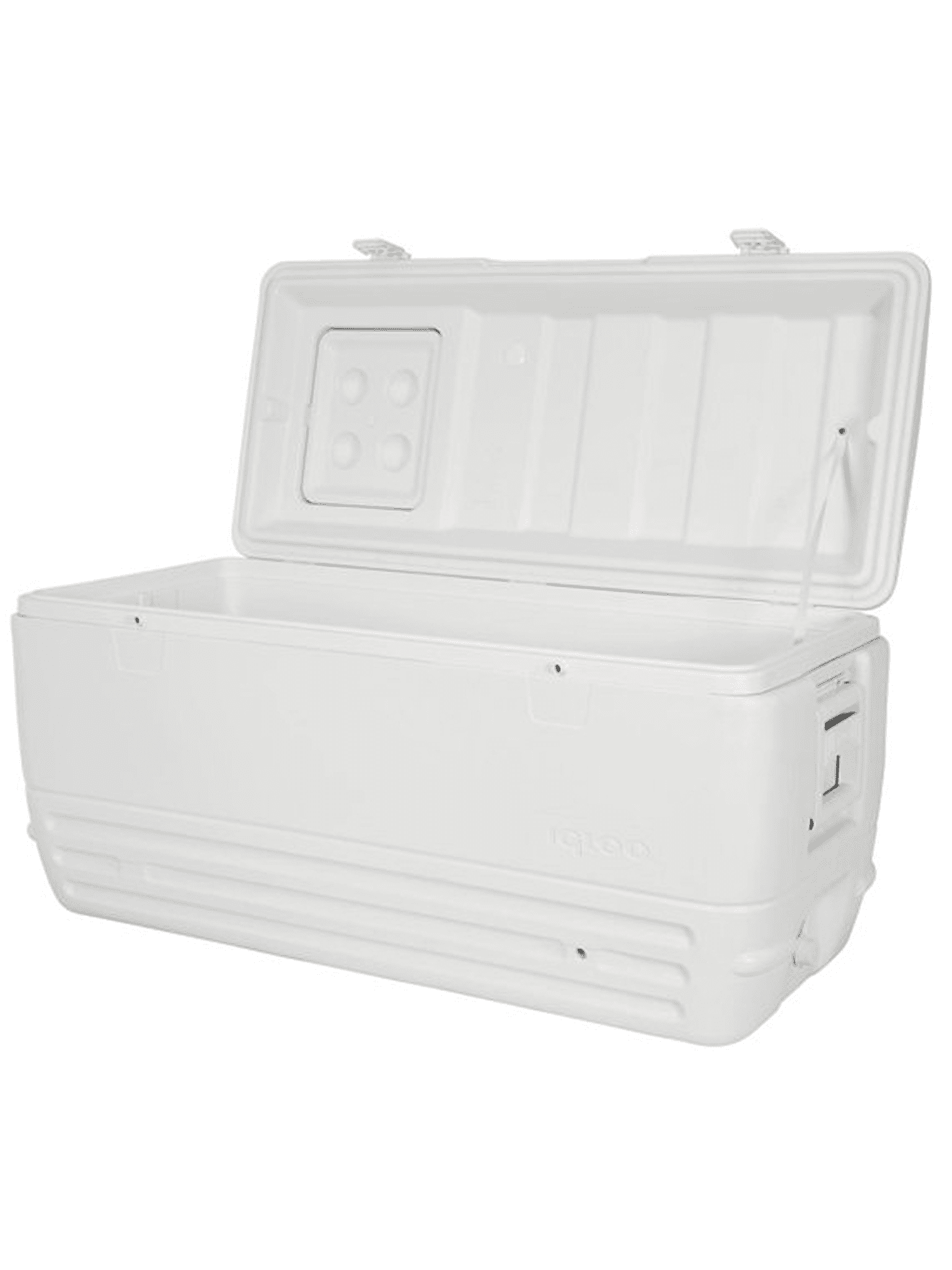 White portable cooler with lid open on white background.