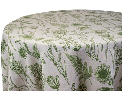 Round tablecloth with green botanical print on white fabric.