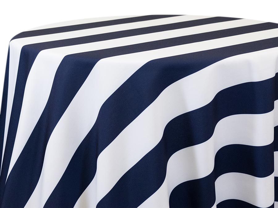 Navy blue and white striped fabric draped smoothly.