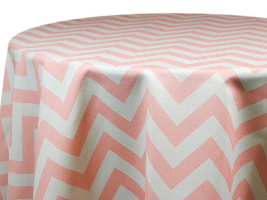 Round tablecloth with pink and white chevron pattern.