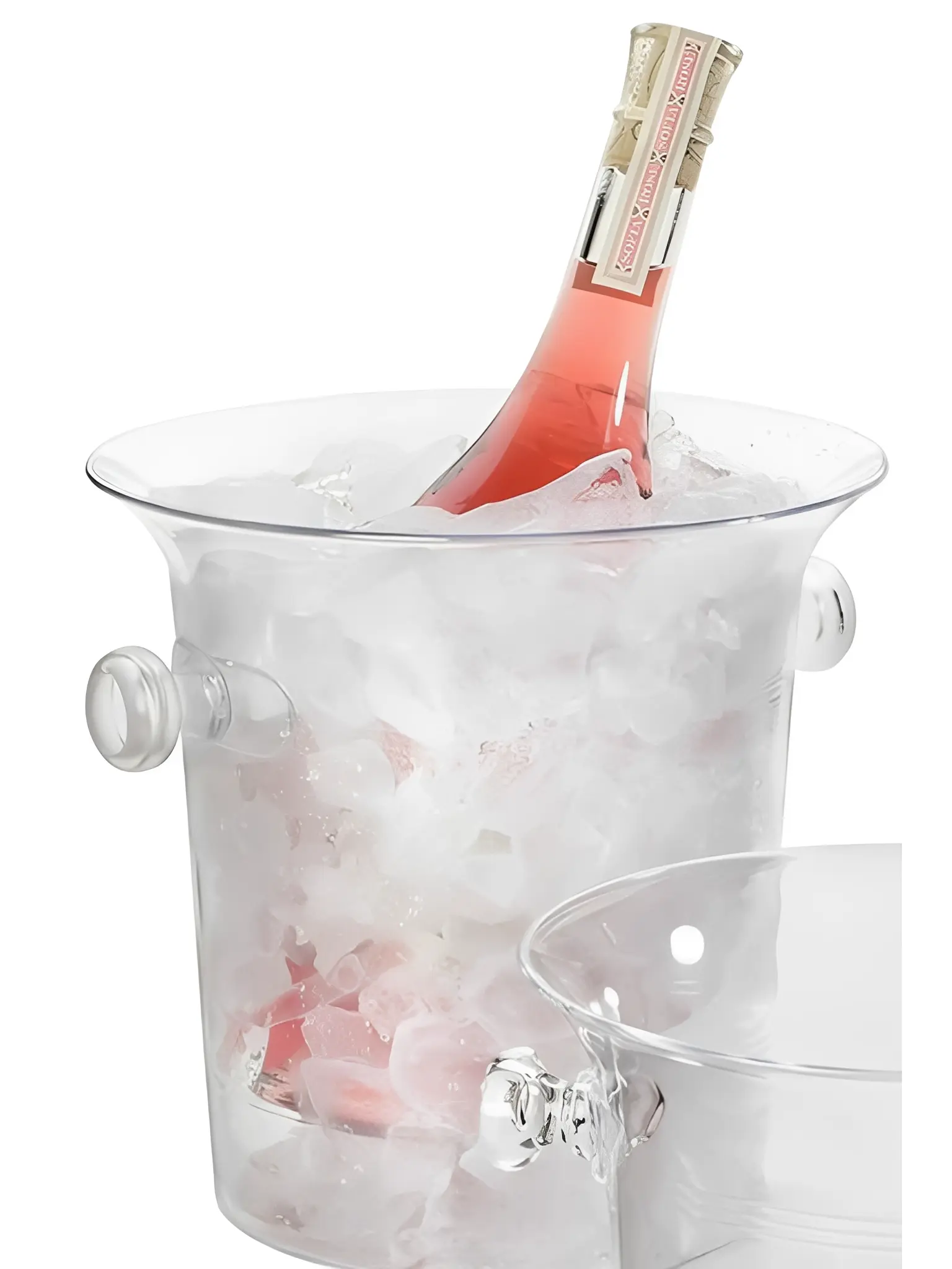 A clear ice bucket chilling a pink bottle.