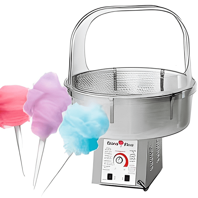 Commercial cotton candy machine with three colorful cotton candy sticks.