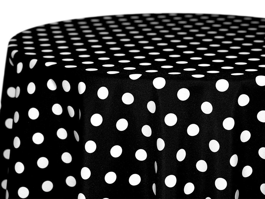 A black tablecloth with evenly spaced white polka dots.