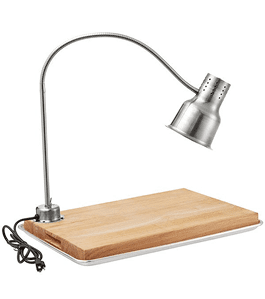 Flexible gooseneck lamp with a wooden base and metal shade.