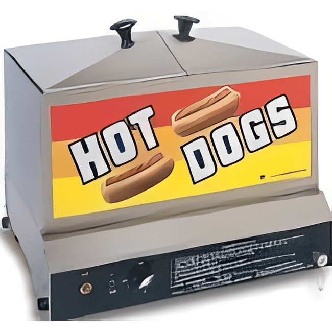Commercial hot dog toaster with two slots and control knobs.