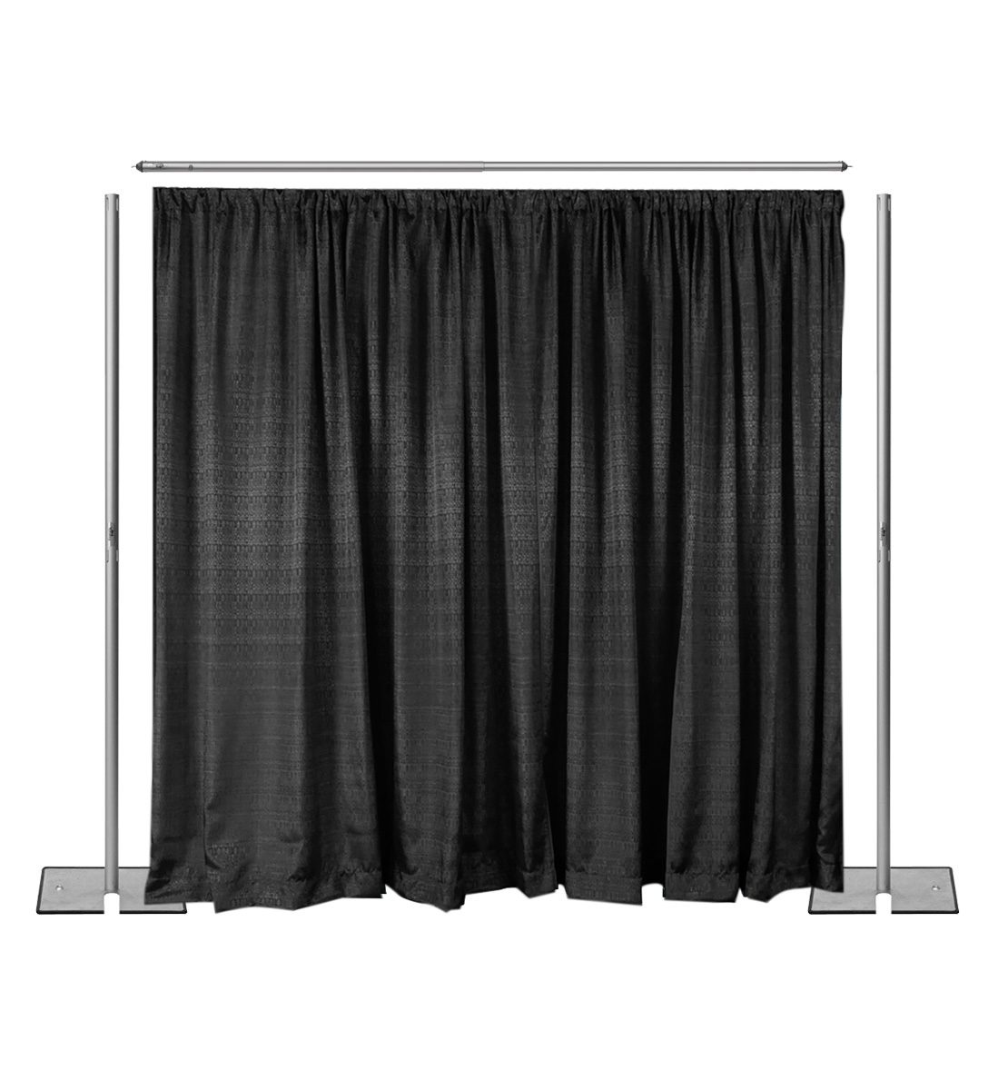 Black stage curtains hanging on a metal frame.