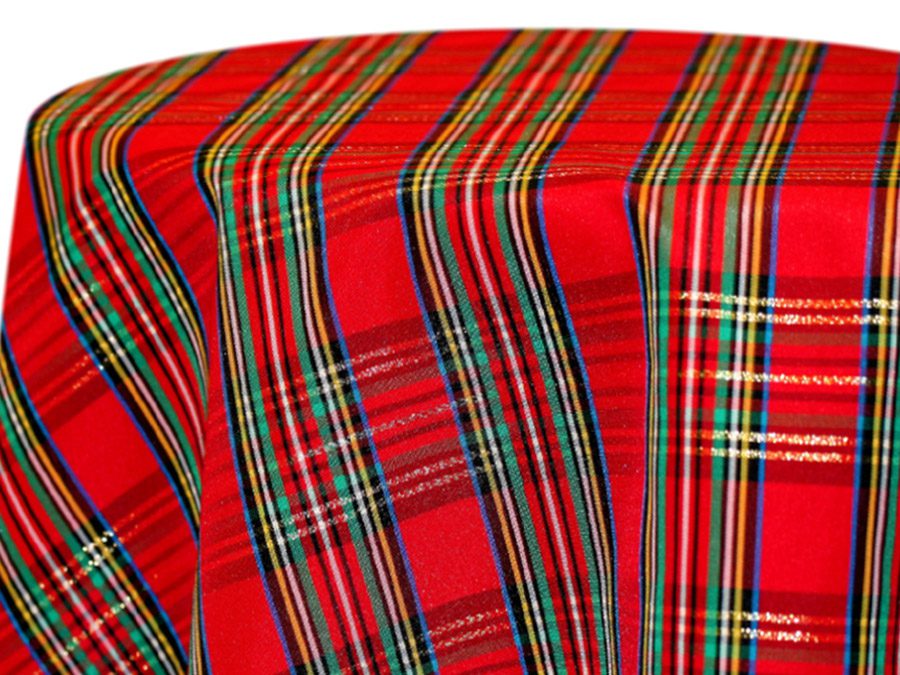 Red plaid fabric with green and white stripes.
