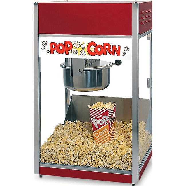 A red popcorn machine filled with popcorn and a popcorn box inside.