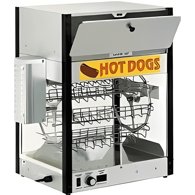 A countertop hot dog roller with a glass display and heating element.