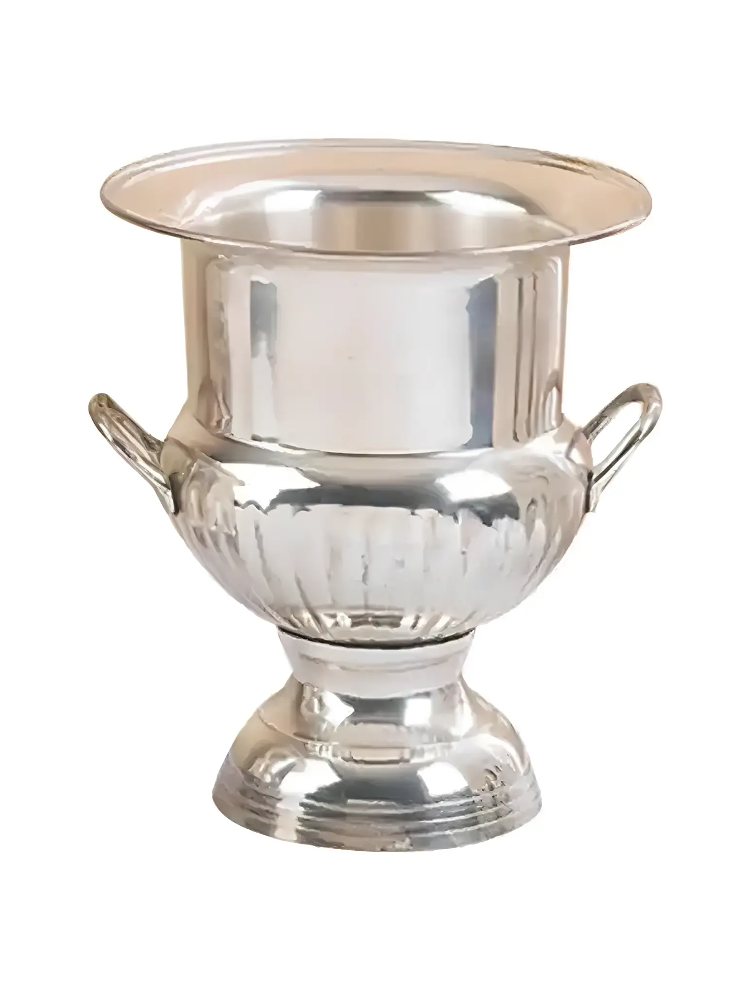 Shiny silver trophy cup with handles on each side.