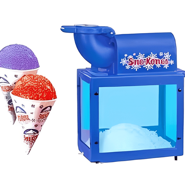 Blue snow cone machine with colorful shaved ice cones.