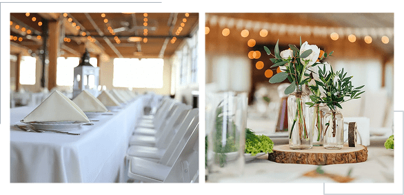 Elegant wedding table setup with white chairs and rustic centerpieces.