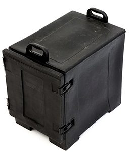 Black insulated food delivery box with handles and latches.